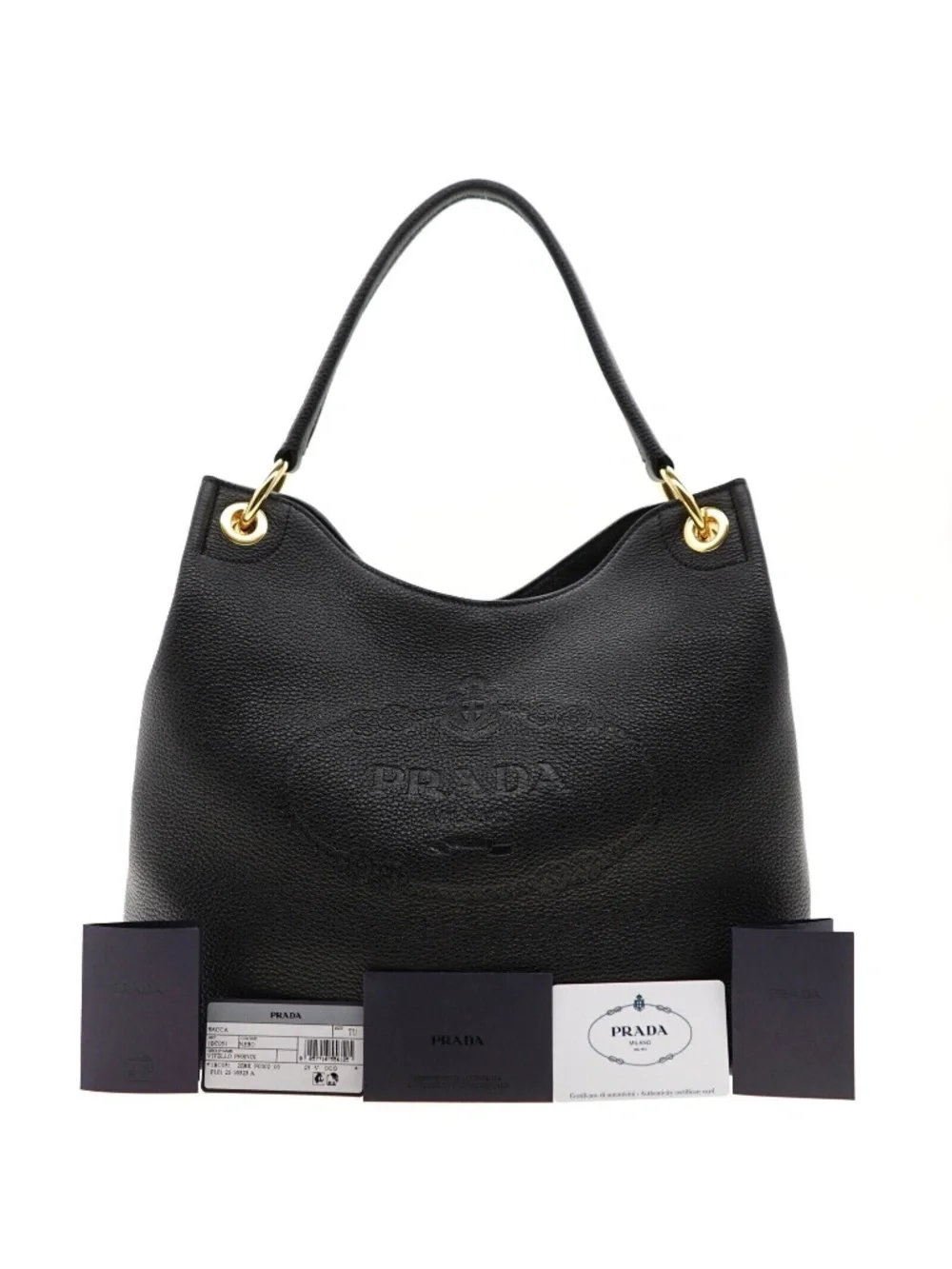 Prada Hobo Shoulder Bag Embossed Logo Black Leather 1BC051 New